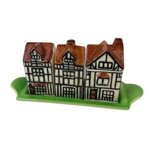 Beswick England 1940s Tudor-Style Cottages Salt Pepper & Sugar Set on Tray VTG